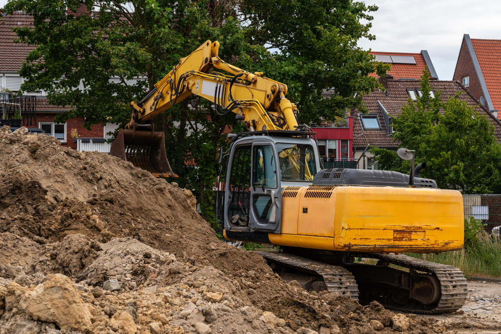 Rückbau in Wien - Abbruchbagger beim selektiven Rückbau im Wohngebiet
